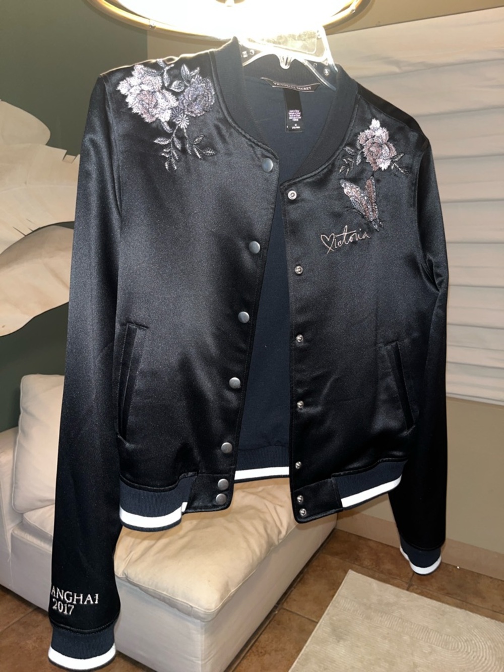 Victoria's Secret Black Satin Floral Embroidered Bomber Jacket